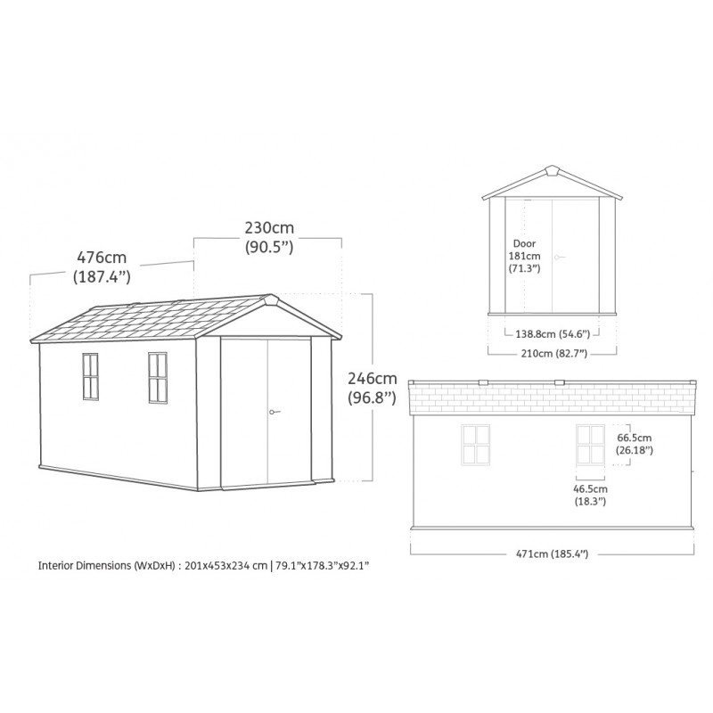 Abri De Jardin Keter Newton 7515 - 476 X 230 Cm, Gris Effet Bois, 2 Fenêtres, Toit Renforcé, Verrouillable