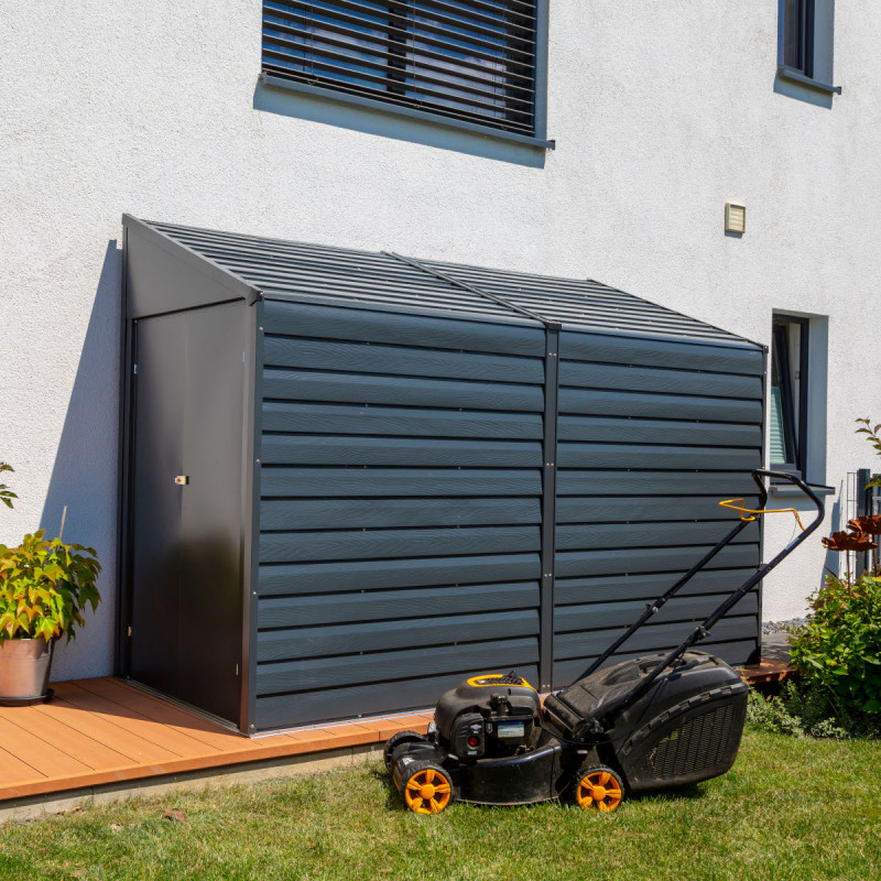 Abri De Jardin Métal Adossé DAXTON 9,76 M² - Acier Galvanisé Anthracite, Porte Coulissante, Toit Monopente - Sans Base